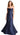 Navy blue one-shoulder gown with floral details on a white background