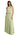 Woman wearing a light green halter neck dress with tiered layers on a white background