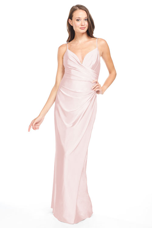 Bari Jay 8 cheapest bridesmaid maxi dress long gown soft pink v-neck criss cross back