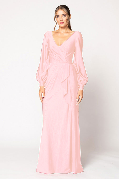 Bari Jay 8 bridesmaid maxi dress long gown soft pink v-neck popular criss cross back