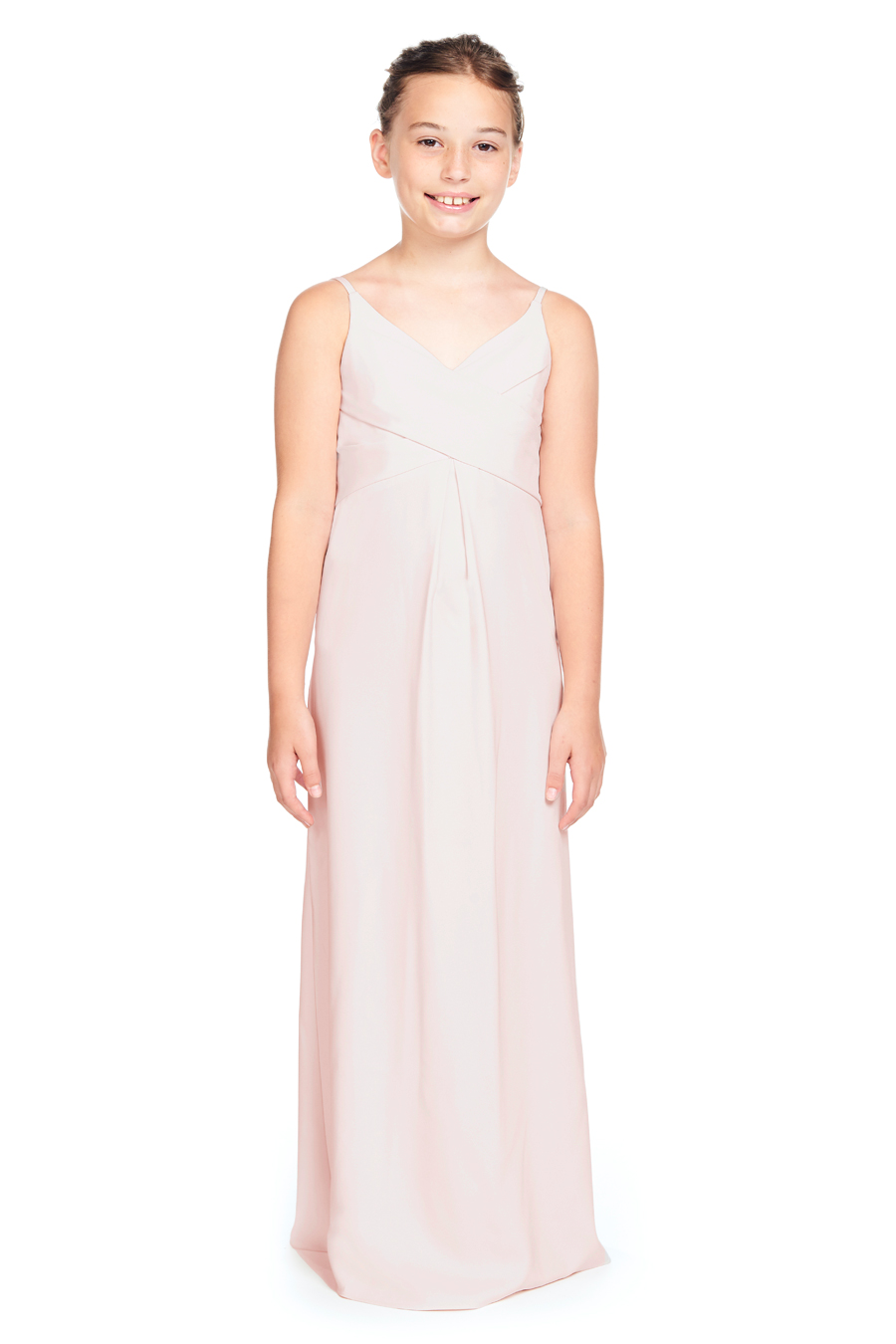 Junior bridesmaid dress with center front inverted box pleated skirt