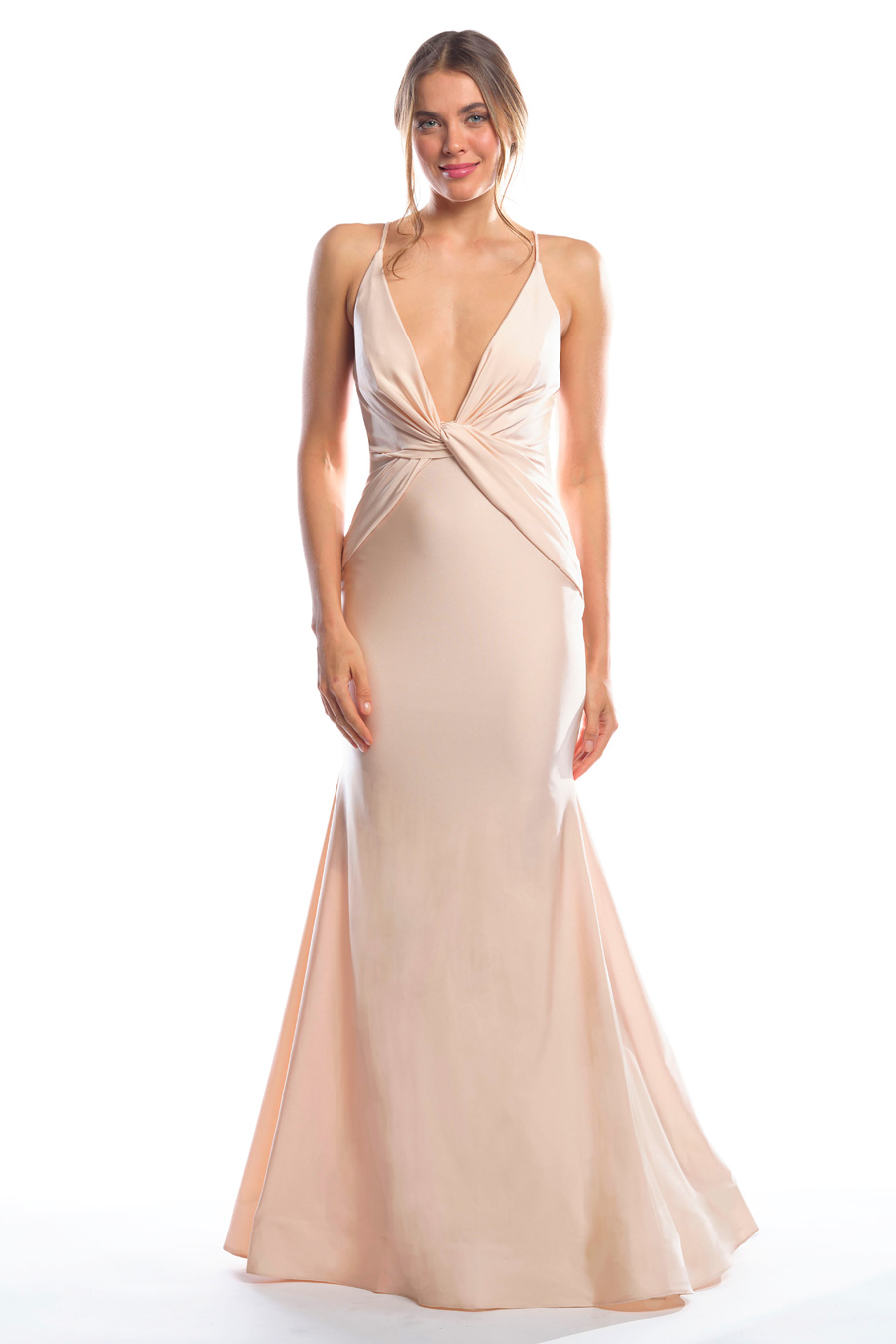 Deep V-neck bodice with twist front draping on hips and trumpet skirt