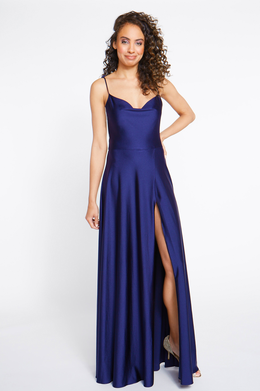 Front view of navy bridesmaid dress with cowl bodice and wrap ball skirt