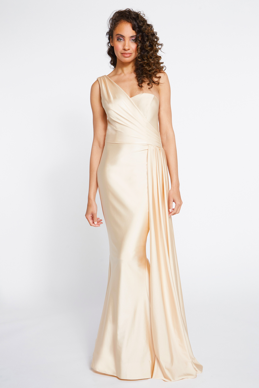 Front view of bridesmaid dress with one shoulder draped bodice