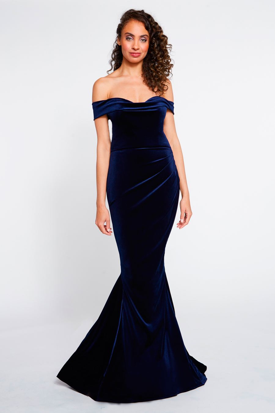 Off-the-shoulder bodice bridesmaid dress with mermaid skirt