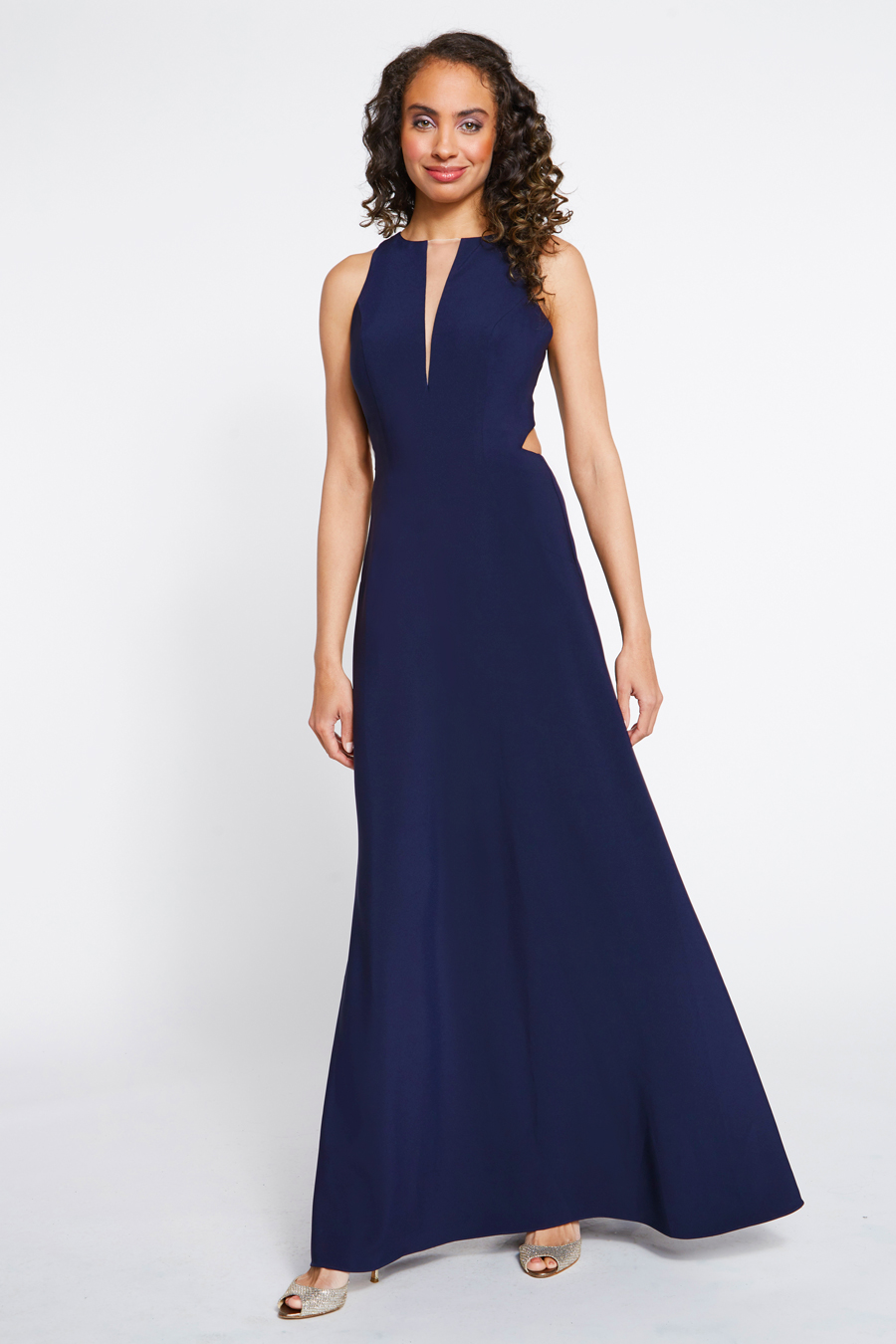 Bridesmaid dress with cutout V neckline bodice with racer back and A-line skirt
