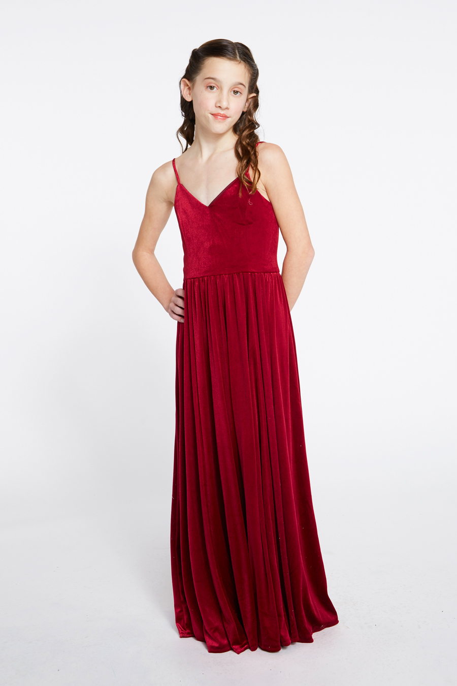 Front view of velvet dress with thin straps
