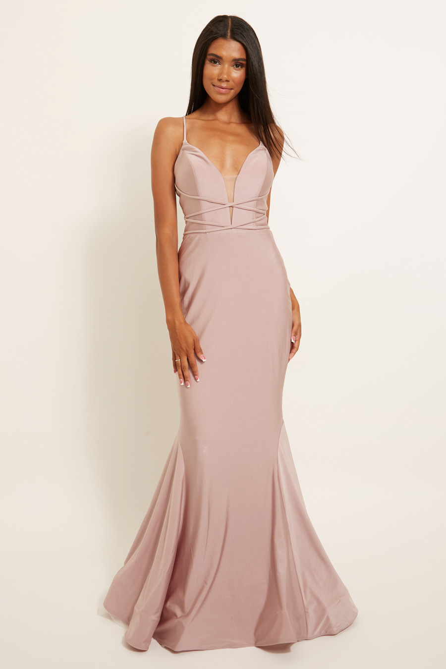 Lux stretch deep V bodice bridesmaid dress with mesh insert & criss cross piping 