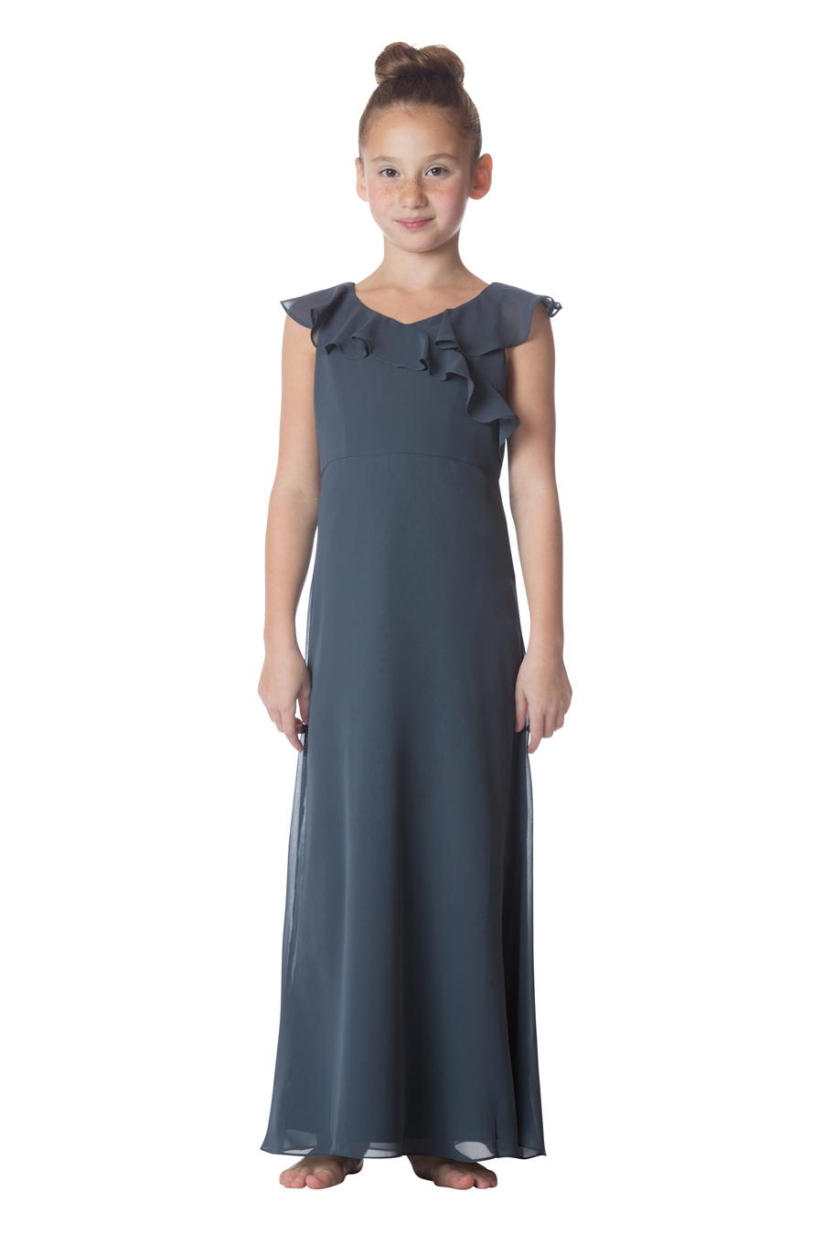 Front view junior bridesmaid dress with V-neck bodice