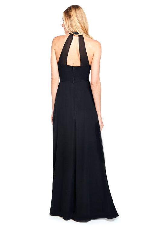 Pleated halter bodice with sheer chiffon back panels on back