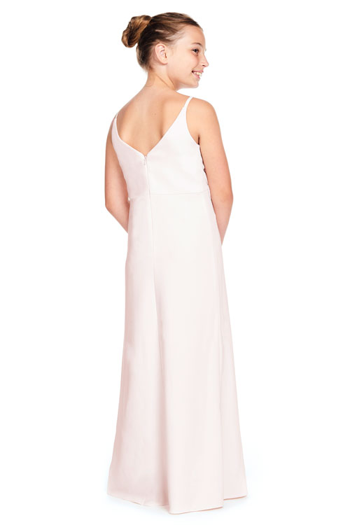Draped V-neck bodice with center front inverted box pleated skirt