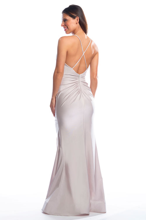 Back view of symmetrically ruched gown with v-neck bridesmaids dress
