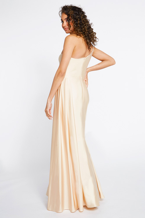Back view of bridesmaid dress with one shoulder draped bodice