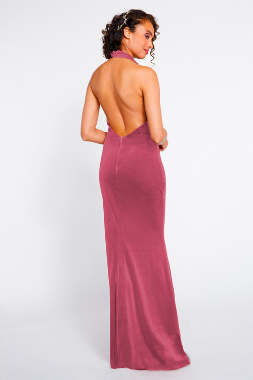 Asymmetrical draped bodice with open back and slit on skirt back view