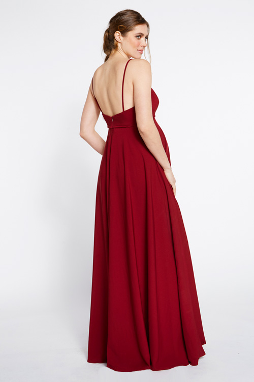 Back view of a maternity crepe bodice to full A-line skirt