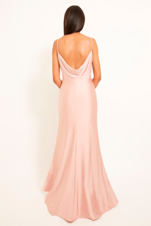 Back view of Lux stretch square neckline bridesmaid dress with spaghetti straps and cowl 