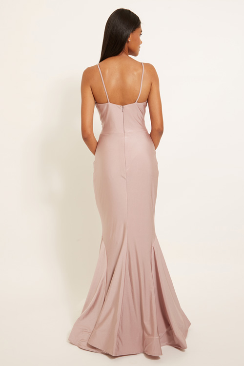 Back view of Lux stretch deep V bodice bridesmaid dress with mesh insert & criss cross pip